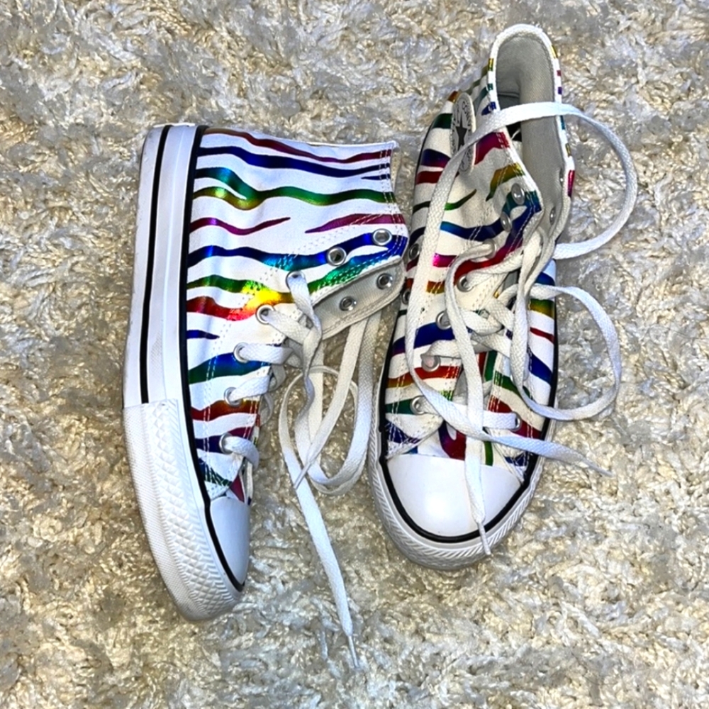 Metallic Rainbow Zebra Print on White Hightop Converse.
